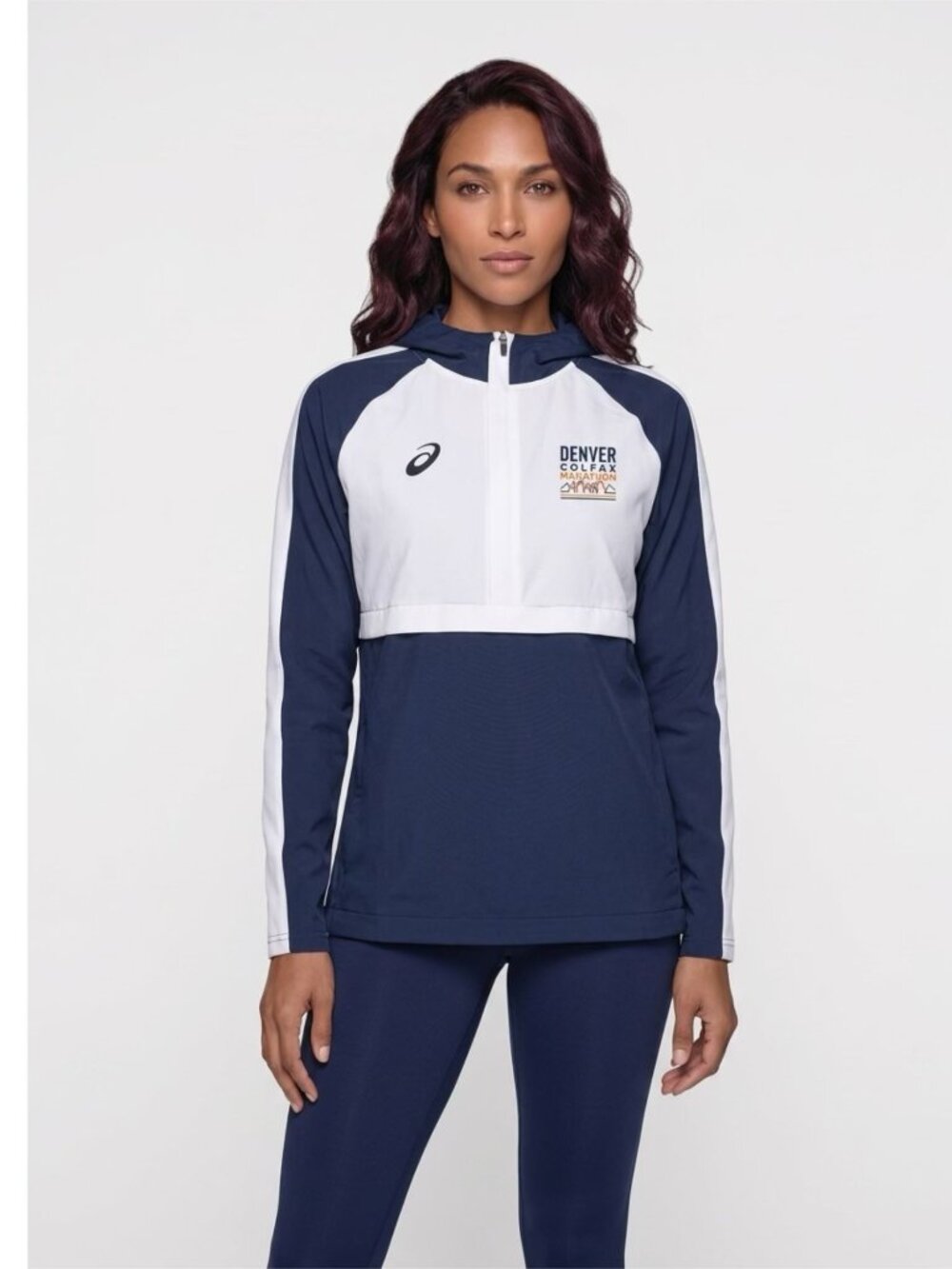 Asics Denver Colfax Marathon Navy & White Hooded Pullover Jacket Womens Size M N
